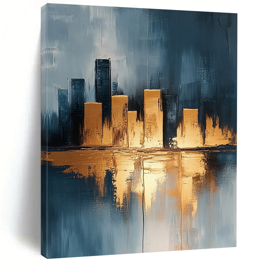 Contemporary hand-painted abstract artwork featuring a neutral urban cityscape with gold accents on canvas texture in vibrant UHD quality. DLZ0337
