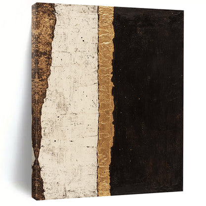Black, White, Gold, Textured Stripes "Gilded Divide" Abstract Minimalist Painting On Canvas HB082