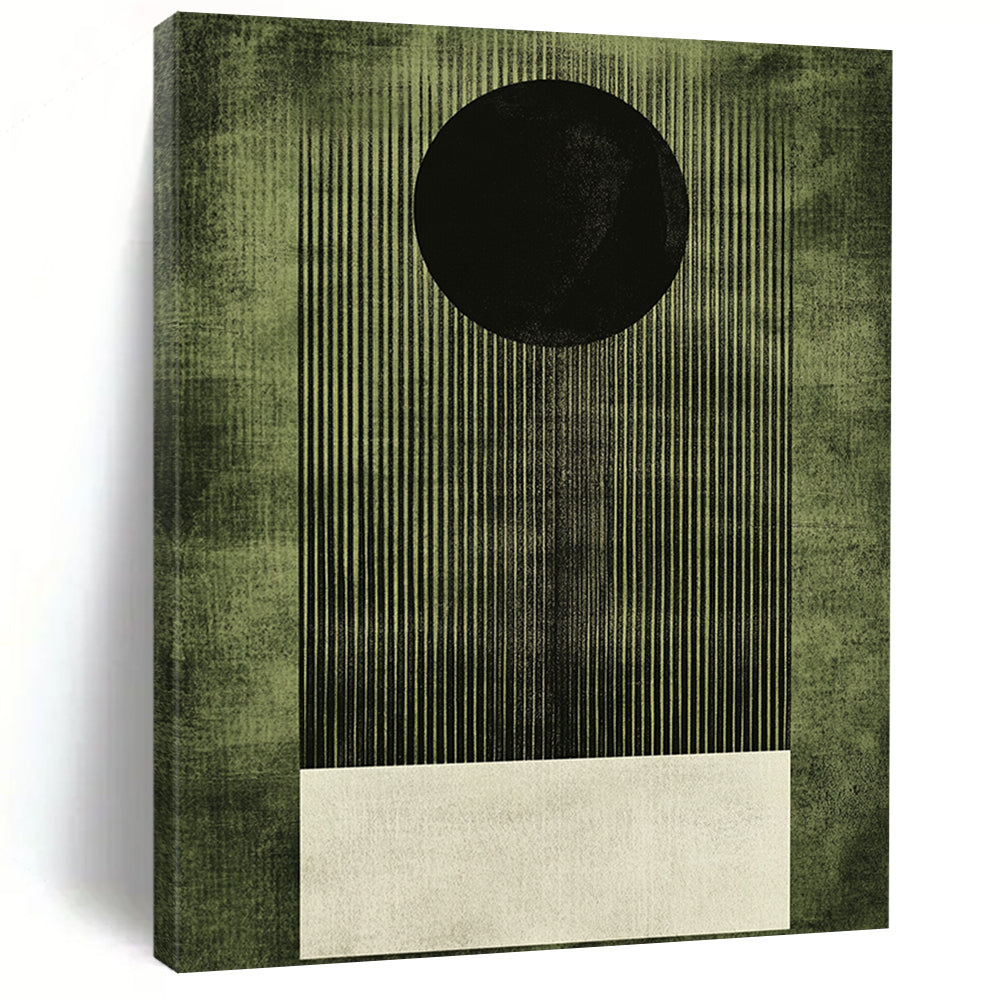Contemporary abstract artwork featuring a dark green background with a white square and grainy texture highlighting a bold black circle. DLZ1610