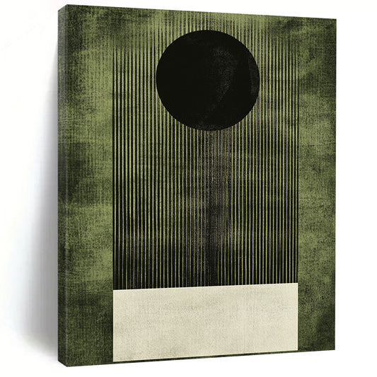 Contemporary abstract artwork featuring a dark green background with a white square and grainy texture highlighting a bold black circle. DLZ1610