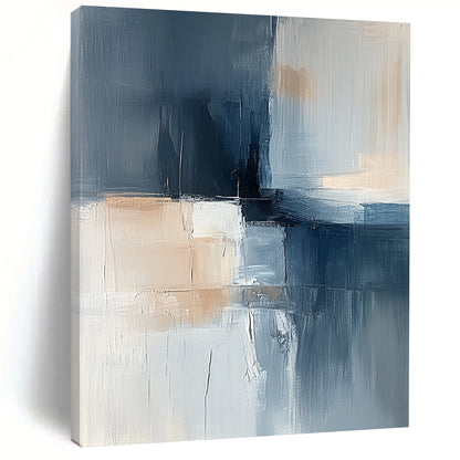 Contemporary hand-painted abstract artwork featuring soft blue gray and beige tones with layered shapes and a central dark element exuding calmness and minimalism. DLZ1052