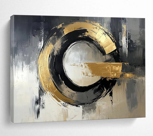 “Gold - Black Circular Abstraction” - Gold, Black, Circular Textured Painting On Canvas HB0794