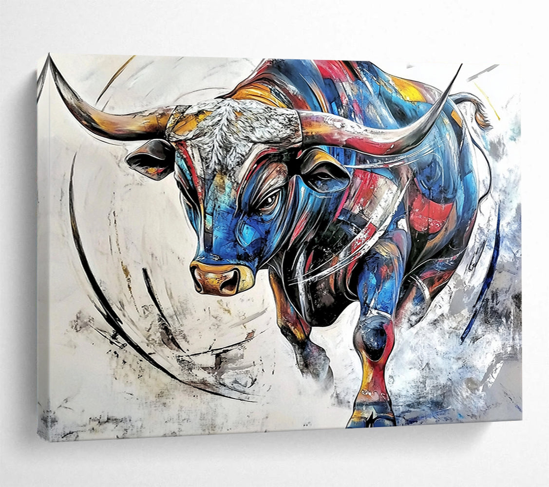 “Colorful Charging Bull” - Vibrant multicolor bull, Dynamic Painting On Canvas HB0577