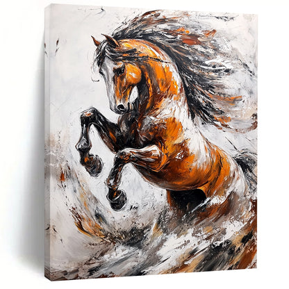 Contemporary abstract artwork featuring an elegant wild horse rearing up against splashes and waves in a dynamic light gray and brown palette. DLZ1665