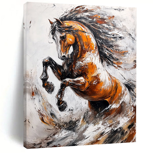 Contemporary abstract artwork featuring an elegant wild horse rearing up against splashes and waves in a dynamic light gray and brown palette. DLZ1665