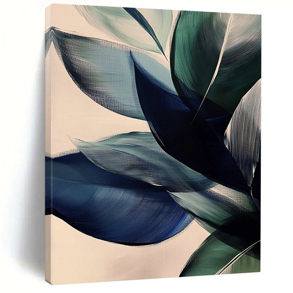 Large contemporary abstract painting featuring vibrant leaves in dark blue and green tones on a beige background with soft edges and layered forms. DLZ0625