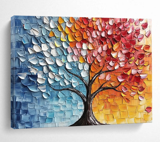 “Split - Color Textured Tree” - Blue, Orange, Red, Yellow, Textured Tree Silhouette - Palette Knife Acrylic Painting HB1638