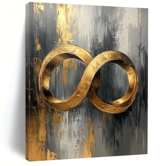 Contemporary abstract oil painting featuring golden rings in gray and white with gold leaf accents on canvas texture for a stunning UHD display. DLZ0482