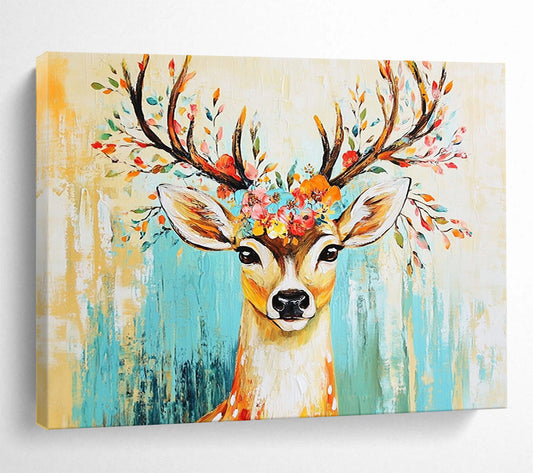 “Floral - Antlered Deer” - Yellow, Blue, Colorful Flowers, Deer Portrait - Whimsical Acrylic Painting HB1677