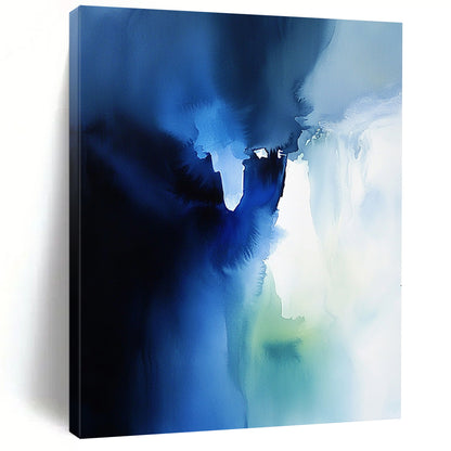 Contemporary abstract watercolor artwork featuring an ethereal ice wall in blue and white with translucent layers and sky-blue shadows. DLZ1081