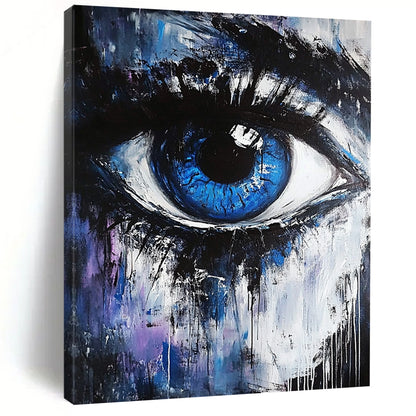 Contemporary abstract painting featuring a blue and white eye with black hints against a dark gray and light purple background, evoking emotional and magical themes. DLZ0952