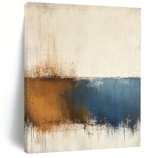 Contemporary hand-painted abstract art features beige and blue tones on a textured white background with minimalist soft edges and subtle brown accents. DLZ0725