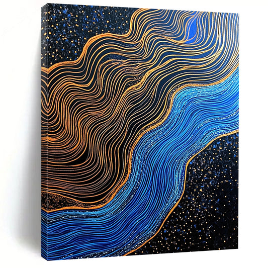Contemporary hand-painted abstraction featuring blue and gold contrasts with gilded lines over a dark blue river in a black sand desert. DLZ1561