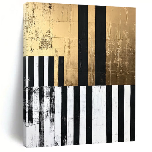 Black, White, Gold and Gray Geometric Abstraction "Elegant Stripes" Painting On Canvas HB402