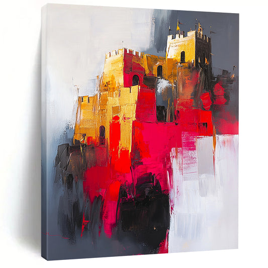 Gold, Red, Gray, White, Abstract Castle "Gilded Fortress" Abstract Impressionist Painting On Canvas HB144