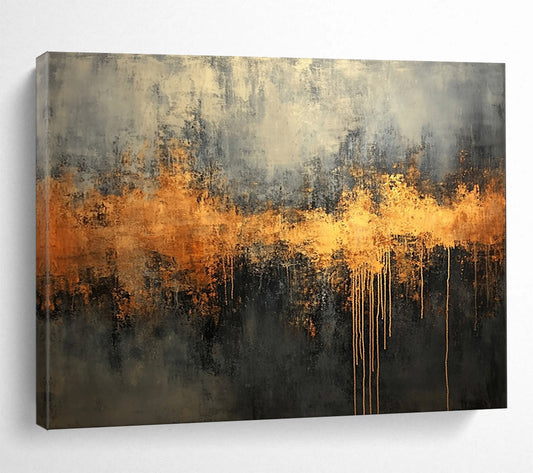 “Gothic Gold Drip” - Gray, black, gold; Dramatic gold drips on dark; Oil Painting On Canvas HB1211