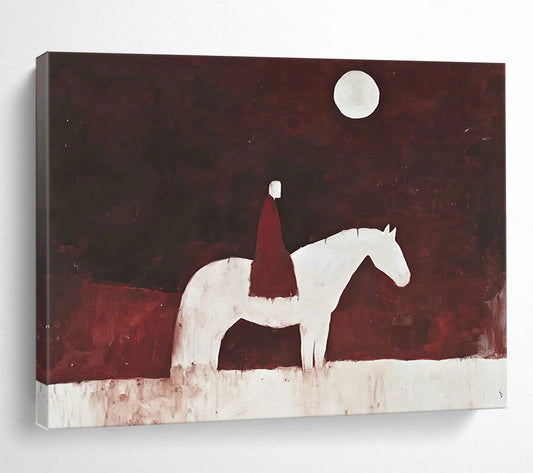 “Moonlit Rider on White Horse” - Dark Red, White, Figurative, Night Sky Painting On Canvas HB0772