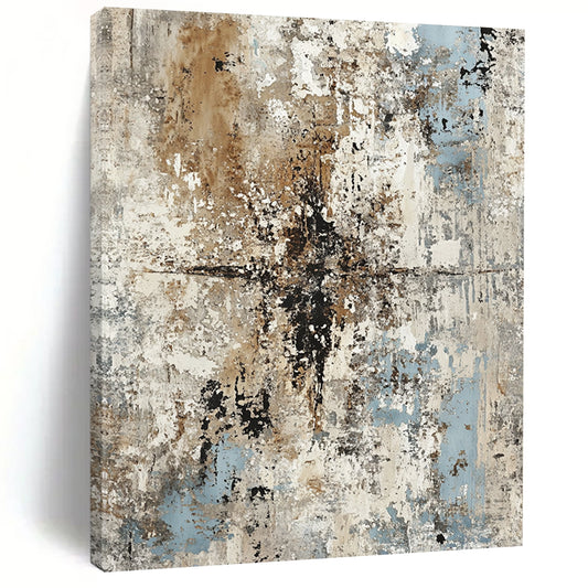 Contemporary hand-painted abstract artwork features weathered concrete and peeling paint in muted grays browns and blues for timeless elegance and rustic charm. DLZ1168