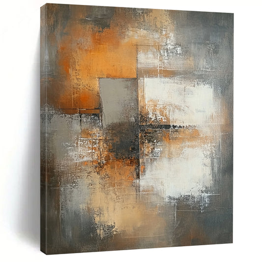 Large contemporary hand-painted abstract artwork featuring faded brown tones, white squares, and a central cross amidst an urban backdrop with expressive brush strokes. DLZ0515