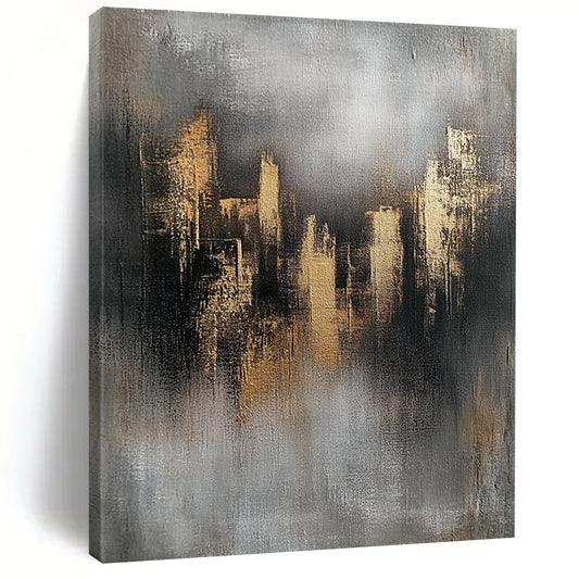 Contemporary abstract art featuring gray and gold skyline elements textured on canvas with a minimalist industrial feel and ambient lighting highlights. DLZ0520