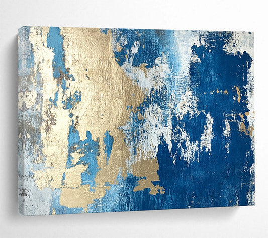 “Textured Gold - Blue Abstract Fusion” - Gold, Blue, Gray, White, Textured Layers Painting On Canvas HB0819