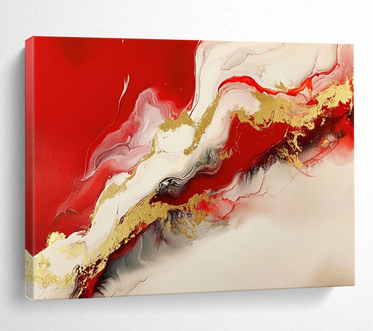 “Red White Gold Flow” - Red, White, Gold - Fluid Abstract Swirls - Resin Painting HB1299