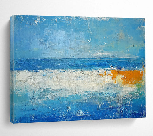 “Abstract Beach Horizons” - Blues, whites, oranges; Softly layered beach and sea; Color - Field Acrylic Painting On Canvas HB1185