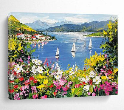 “Vibrant Lakeside Village” - Blue, Green, Yellow, Floral Landscape Painting On Canvas HB0686