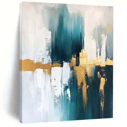 Contemporary abstract artwork featuring gold, teal, and white hues, creating a striking visual impact for modern spaces. DLZ0745