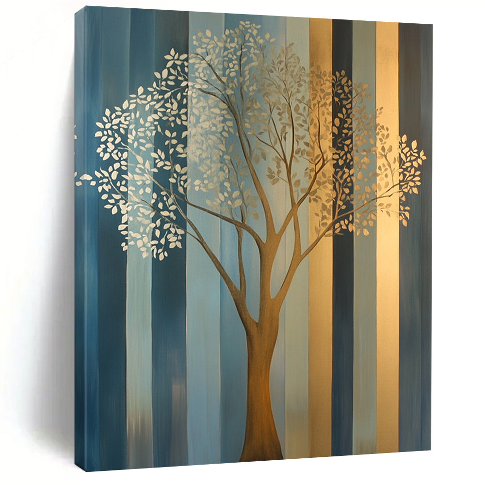Contemporary hand-painted abstract artwork features an elegant tree in soft gold and silver tones against muted teal and geometric blue-gray stripes. DLZ1403