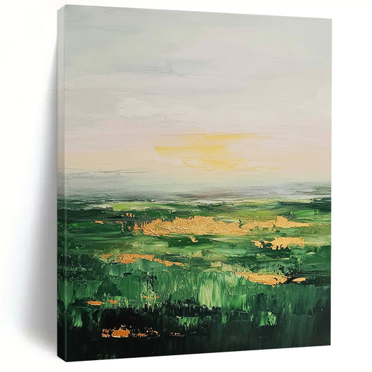 Contemporary abstract art featuring lush green fields and serene sky adorned with neutral tones and elegant gold accents. DLZ0891
