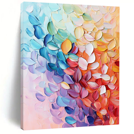 Contemporary hand-painted abstract art featuring textured leaves and vibrant foliage in pink blue purple orange and green with rich details and delicate brushstrokes. DLZ1568