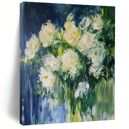 Contemporary hand-painted abstract artwork featuring white roses with dynamic brushstrokes on dark blue, accented with green for depth and movement. DLZ1751