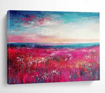 “Pink Meadow Sunset” - Pink, Blue, White, Lush Meadow and Colorful Sky Painting On Canvas HB0943