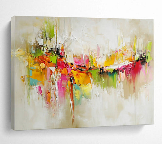 “Vibrant Abstract Cityscape” - Colorful, with hues of green, orange, pink, yellow; Abstract cityscape with thick brushstrokes; Oil Painting On Canvas HB1256