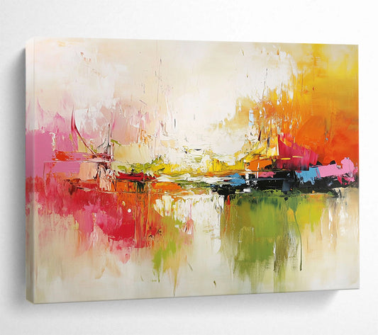 “Vibrant Abstract Harbor” - Red, Yellow, Green, Blue, Bold Boats and Reflections Painting On Canvas HB0924