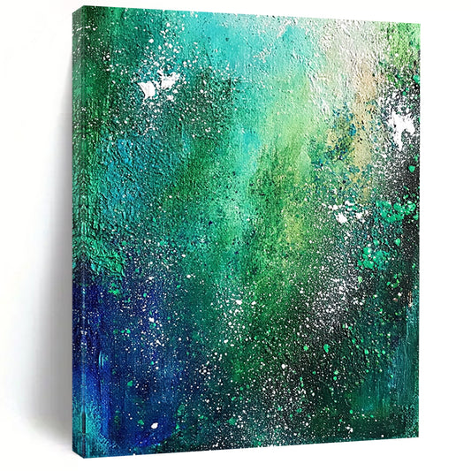 Contemporary hand-painted abstract artwork featuring emerald green and blue, depicting the Milky Way with textured white star speckles and dark teal foliage. DLZ0347