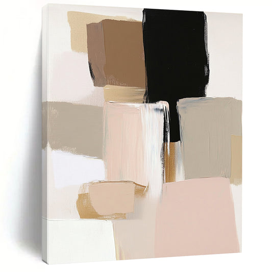 Contemporary abstract artwork featuring neutral tones with blush pink beige and sage green accents highlighted by thick brush strokes. DLZ0489