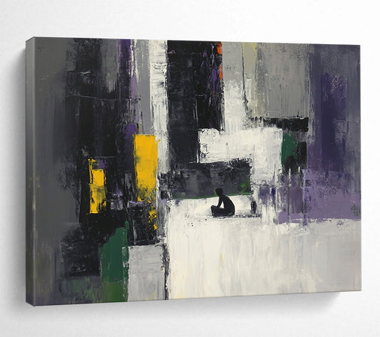 “Colorful Abstract with Figure” - Gray, Purple, Yellow, Green, Figure Silhouette - Painting On Canvas HB1428