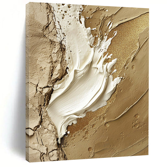 Contemporary hand-painted abstract art featuring a central white paint stroke adorned with gold glitter accents on a rugged stone-like background. DLZ1195