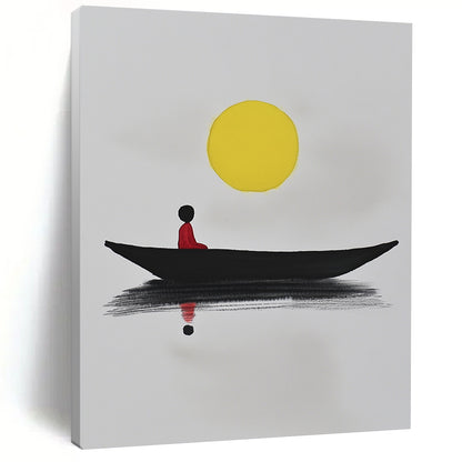 Contemporary abstract art featuring a minimalist black boat on white paper with a yellow sun and a red figure reflecting in calm waters. DLZ1564