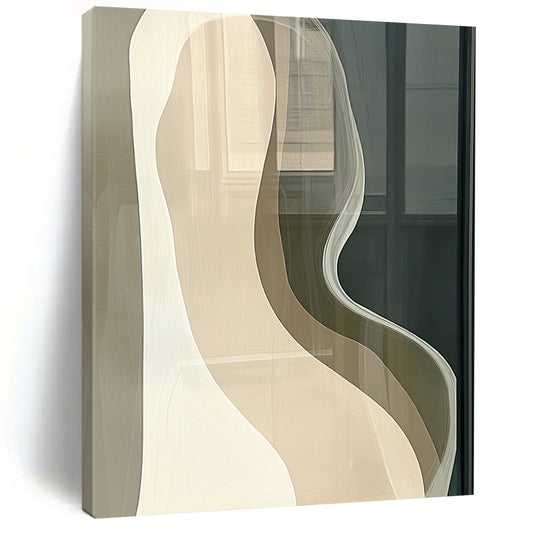 Large contemporary hand-painted abstract artwork features beige and white curved lines on a dark gray background, evoking calm minimalism for modern interiors. DLZ1189