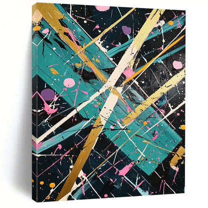 Dark Green, Gold, Pink, White, Geometric Splashes "Eclectic Fusion" Abstract Painting On Canvas HB030