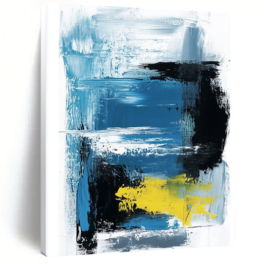 Large contemporary hand-painted abstract artwork featuring thick brush strokes and lines in light blue black and yellow on a white background by Amippo. DLZ1702