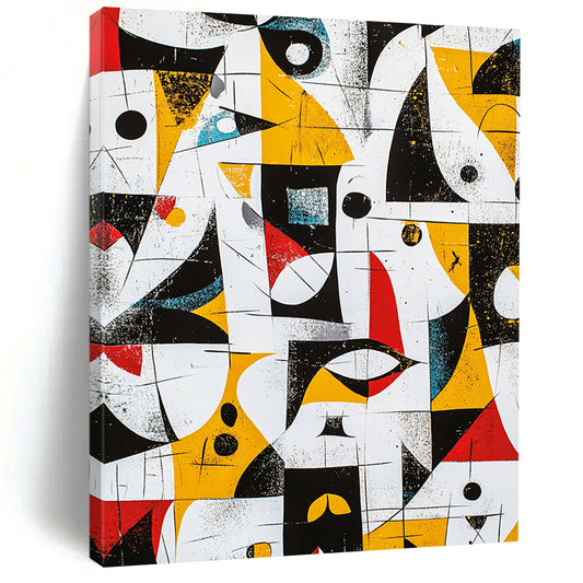 Black, White, Yellow, Red and Blue Geometric Mosaic "Colorful Labyrinth" Painting On Canvas HB325