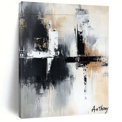 Contemporary abstract art features the word Anthony in white black and grey with bold brush strokes and layered textures creating depth and elegance. DLZ1422