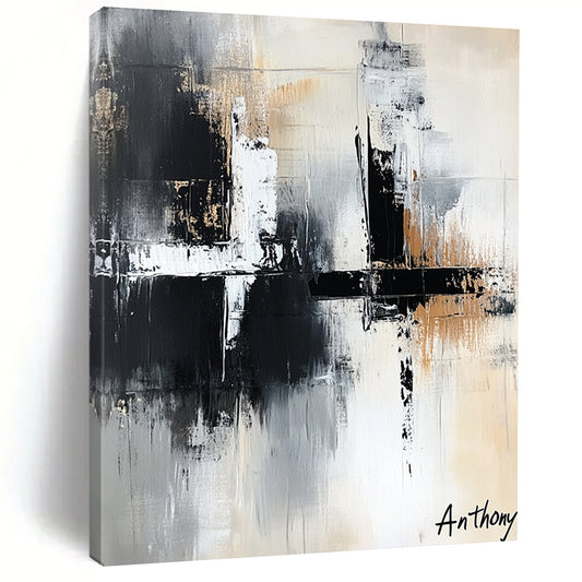Contemporary abstract art features the word Anthony in white black and grey with bold brush strokes and layered textures creating depth and elegance. DLZ1422