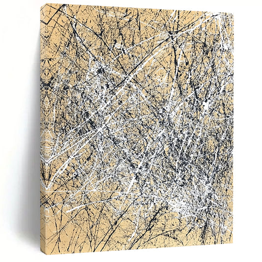 Contemporary hand-painted abstract artwork features dynamic brush strokes and expressive composition in white and black against a light brown background. DLZ1162