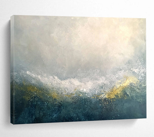 “Mystic Gray - Gold Horizons” - Gray, White, Gold, Abstract Misty Mountain Ranges Painting On Canvas HB1019
