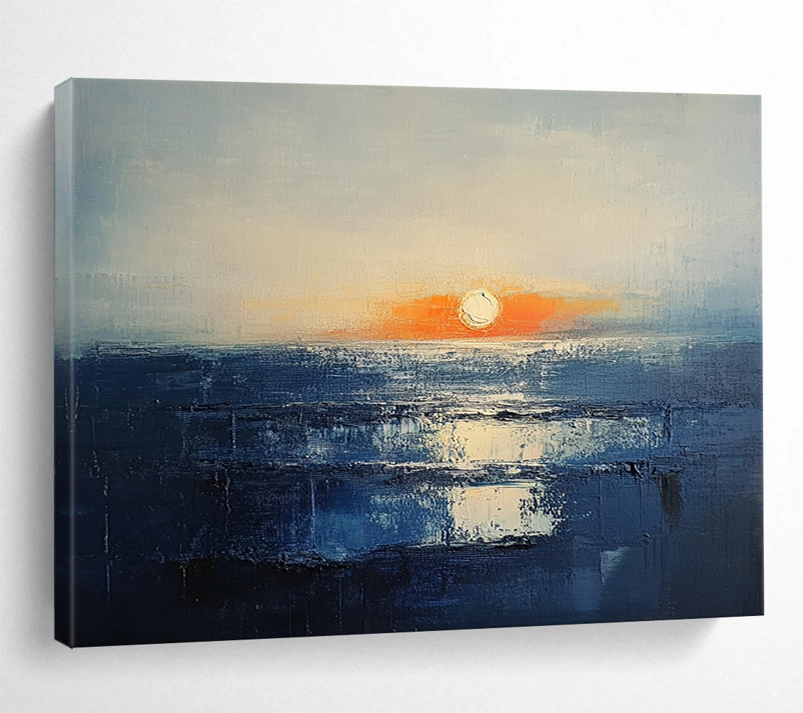 “Sunset Over the Sea” - Blue, Orange, White, Abstract Seascape Painting On Canvas HB1010
